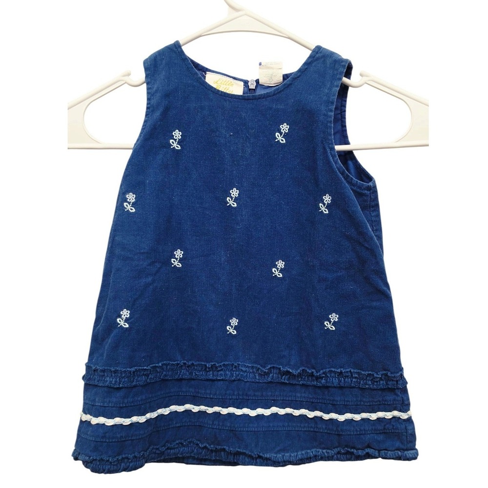 Little Bitty Girls Navy Blue Corduroy Embroidered Floral Dress 24M